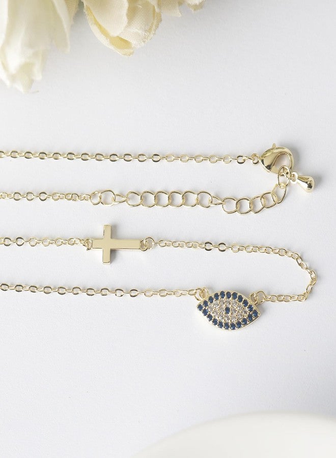 DS Evil Eye Cross Necklace for Women18k Gold Plated Chocker Pendant Necklaces Dainty Personalized Cute Aesthetic Lucky Jewelry Gift for Wife Mom daughter (Gold Evil Eye Cross 1) - Image 3