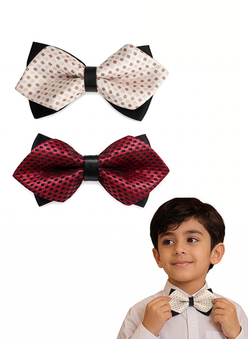 Boys Bow Ties 2 Pack, Kids Pre-tied Double Layer Pattern Bow Ties with Adjustable Neck Strap, Formal Wedding Party Dress Up Bowtie for Little Boys Teenagers - Image 1