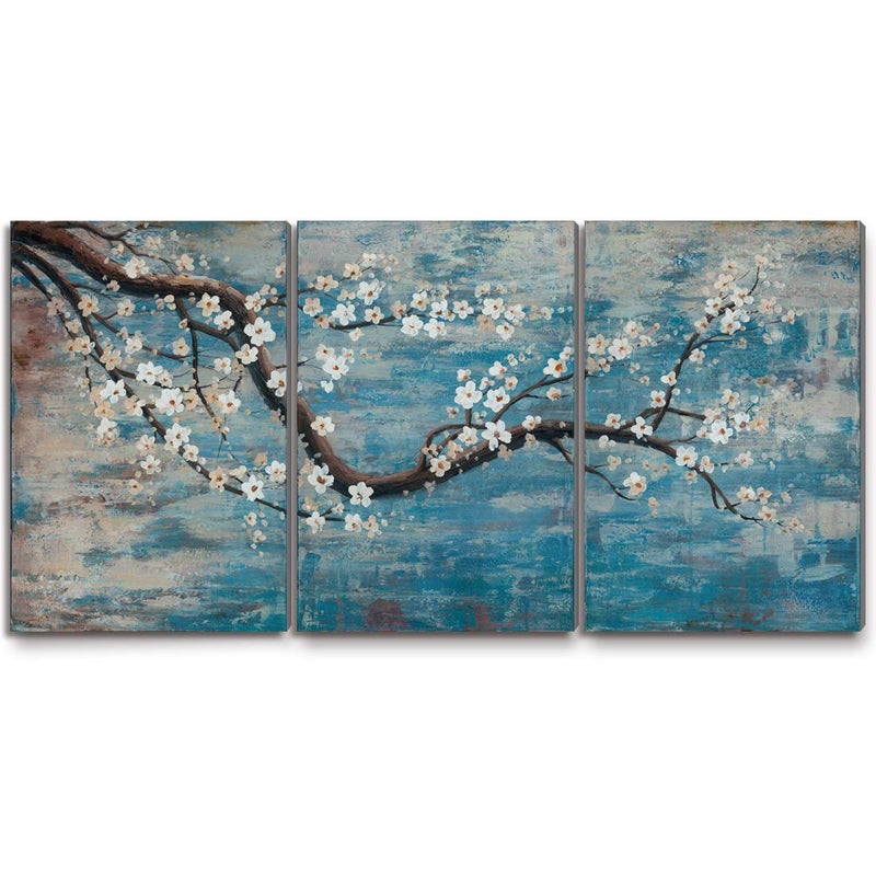 amatop Wall Art for Living Room 100 HandPainted Flower Oil Painting On Canvas Gallery Wrapped Large Framed Floral Plum Blossom Tree Teal Blue Artwork for Home Bedroom Decor 48x24