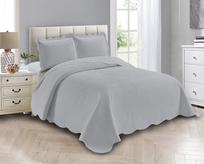 LUXURY OVERSIZED COVERLET EMBOSSED BEDSPREAD SET SOLID SILVER FULLQUEEN BED COVER NEW ASHLEY