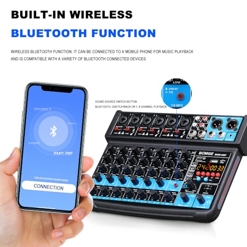 BOMGE 8 channels mini audio mixer Line Mixer,DC 5V,with MP3 Player,Bluetooth, U disk 48V,24DSP effects, USB recording Ideal for Small Clubs or Bars, Studio Recording (8 channels-BLACK) - Image 3