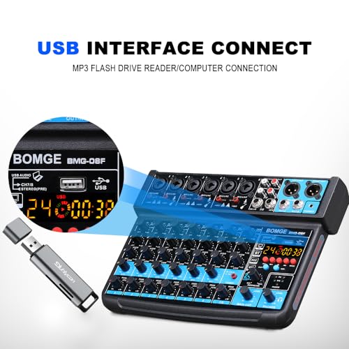BOMGE 8 channels mini audio mixer Line Mixer,DC 5V,with MP3 Player,Bluetooth, U disk 48V,24DSP effects, USB recording Ideal for Small Clubs or Bars, Studio Recording (8 channels-BLACK) - Image 5