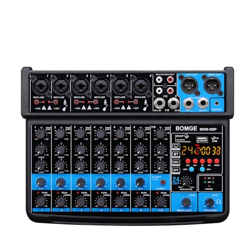 BOMGE 8 channels mini audio mixer Line Mixer,DC 5V,with MP3 Player,Bluetooth, U disk 48V,24DSP effects, USB recording Ideal for Small Clubs or Bars, Studio Recording (8 channels-BLACK) - Image 1