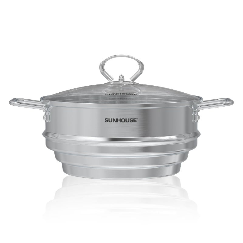 SUNHOUSE 5 Quart Stainless Steel Steamer Insert â€“ Multi-Purpose Soup & Food Steamer with Stay-Cool Handles & Heavy-Duty Glass Lid â€“ Fits Various Pot Sizes (8", 9", 9.5") - Image 1