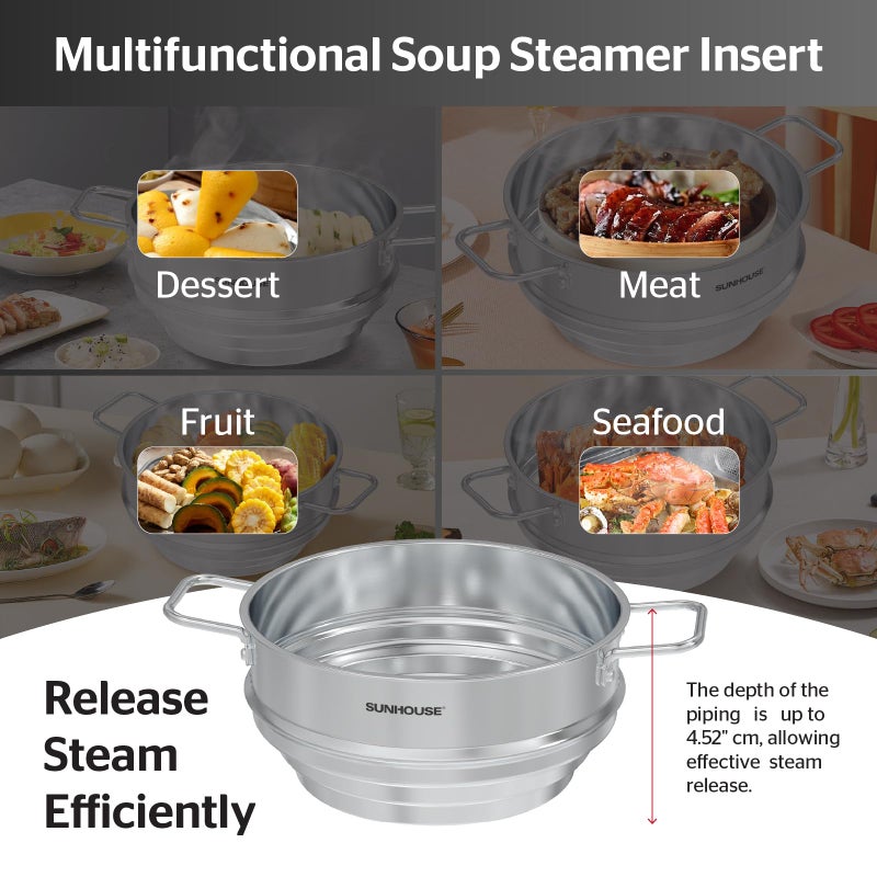 SUNHOUSE 5 Quart Stainless Steel Steamer Insert â€“ Multi-Purpose Soup & Food Steamer with Stay-Cool Handles & Heavy-Duty Glass Lid â€“ Fits Various Pot Sizes (8", 9", 9.5") - Image 4
