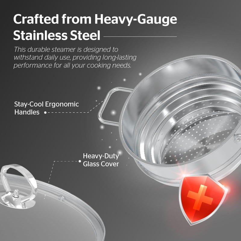 SUNHOUSE 5 Quart Stainless Steel Steamer Insert â€“ Multi-Purpose Soup & Food Steamer with Stay-Cool Handles & Heavy-Duty Glass Lid â€“ Fits Various Pot Sizes (8", 9", 9.5") - Image 3