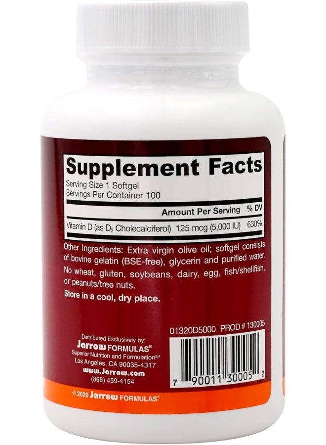 Jarrow Formulas Vitamin D3 5000 IU, 100 Softgels, Pack of 2 - Image 2