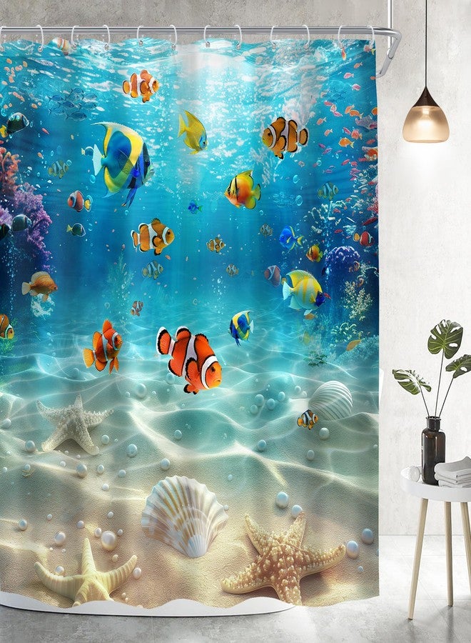 اميريل ستارة حمام إيميريل أوشن فيش، مقاس 72 بوصة عرض × 72 بوصة ارتفاع، بتصميم صيفي مستوحى من عالم البحار، تضم أسماكًا استوائية ونجم البحر وشعابًا مرجانية في أعماق البحار. مصنوعة من قماش بوليستر مقاوم للماء، مزودة بـ 12 خطافًا بلاستيكيًا. - Image 3