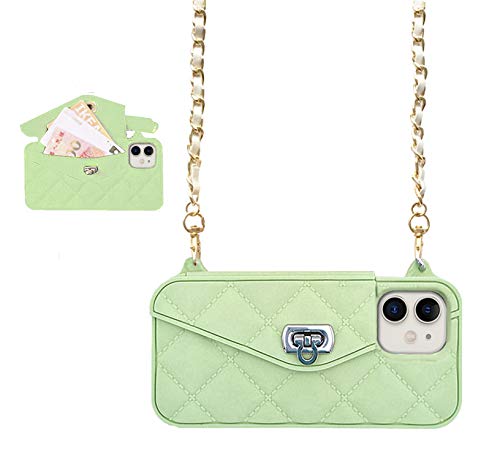 UnnFiko Wallet Case Compatible with iPhone 11, Cute Light Luxury Bag Design, Purse Flip Card Pouch Cover Soft Silicone Case with Handstrap Long Shoulder Strap (Green, iPhone 11) - Image 1