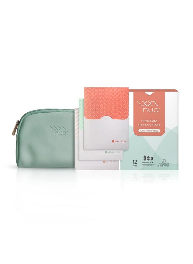 Nua نوا كومبو - 12 وسادة فائقة الأمان مع أغطية قابلة للتخلص منها | حماية من التسرب تصل إلى 100% | مناسبة لكل تدفق | ظهر أوسع | مريحة | خالية من الطفح الجلدي + حقيبة جلد نباتي - Image 1