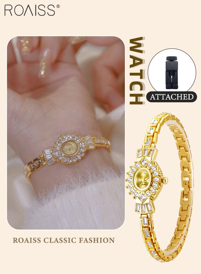 رويس ساعة يد نسائية صغيرة ذهبية عتيقة، شاشة عرض تناظرية، قرص بيضاوي مزين بأحجار الراين، ساعة يد أنيقة فاخرة بإضاءة ساطعة، هدية للسيدات - Image 1