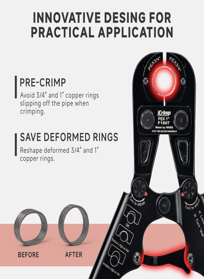 آي ويس مجموعة أدوات ضغط أنابيب Pex من iCrimp لحلقة نحاسية مقاس 3/8 و1/2 و3/4 و1 بوصة مع مقياس مجاني وقاطع أنابيب Pex - تتوافق مع ASTM F1807 ومحمولة - Image 5