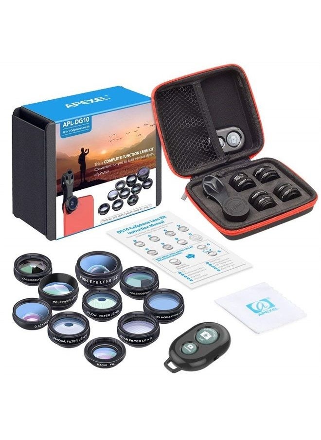 APEXEL Apexel Phone Camera Lens-Macro Lens+Wide Lens+Fisheye Lens+Telephoto Lens+CPL/Flow/Radial/Star Filter+Kaleidoscope 3/6 Lens 10 in 1 Lens Kit +Remote Shutter for iPhone, Samsung,LG and Most Smartphones  - Image 2