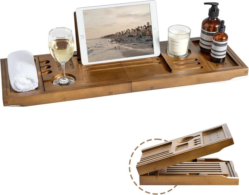 Realgulf Bamboo Bathtub Tray Caddy - Splash-Proof Adjustable (28.5-40") with Wine Holder, Tablet Stand & Non-Slip Grip | Spa-Grade Organizer for Bath Essentials & Reading- Walnut - Image 1
