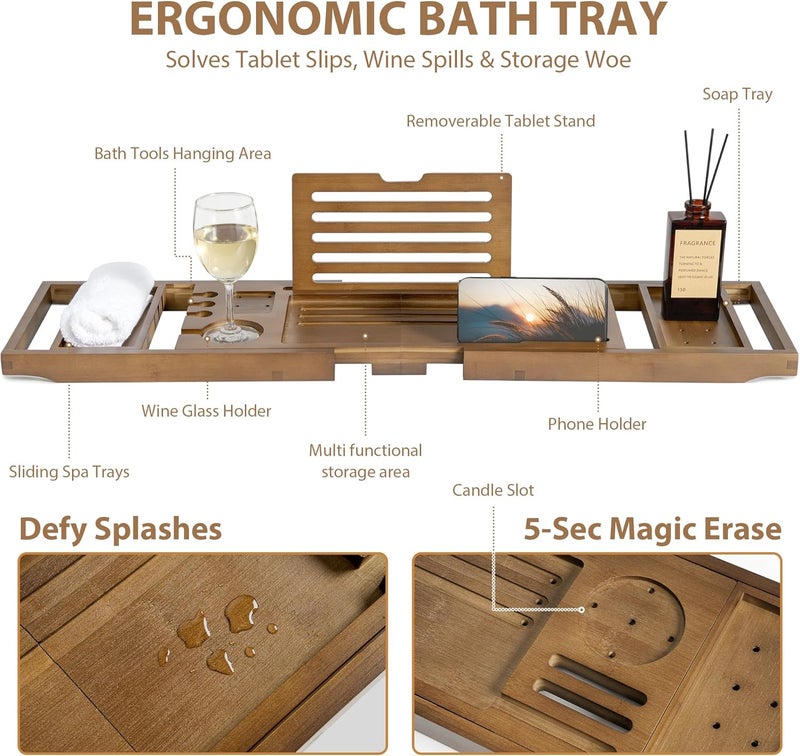Realgulf Bamboo Bathtub Tray Caddy - Splash-Proof Adjustable (28.5-40") with Wine Holder, Tablet Stand & Non-Slip Grip | Spa-Grade Organizer for Bath Essentials & Reading- Walnut - Image 2