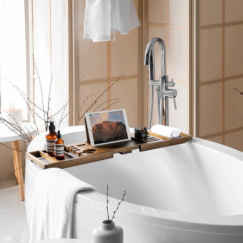 Realgulf Bamboo Bathtub Tray Caddy - Splash-Proof Adjustable (28.5-40") with Wine Holder, Tablet Stand & Non-Slip Grip | Spa-Grade Organizer for Bath Essentials & Reading- Walnut - Image 3