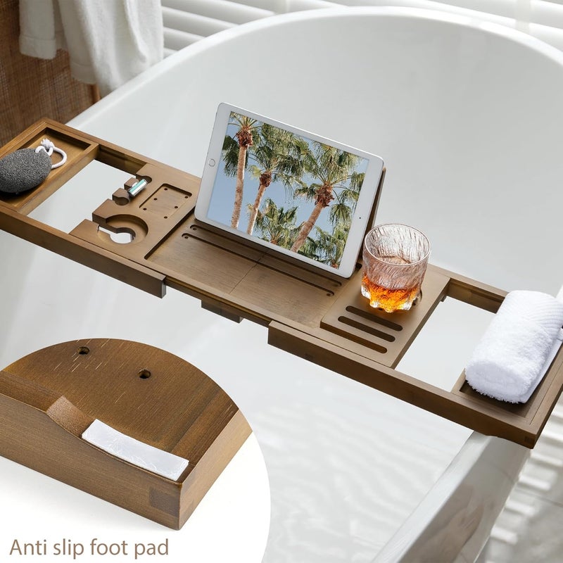 Realgulf Bamboo Bathtub Tray Caddy - Splash-Proof Adjustable (28.5-40") with Wine Holder, Tablet Stand & Non-Slip Grip | Spa-Grade Organizer for Bath Essentials & Reading- Walnut - Image 4