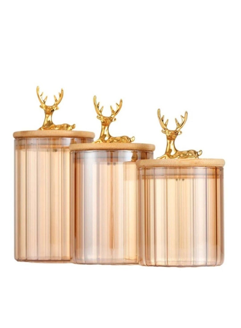 Golden Arrows Clear glass jar set with a wooden doe-shaped lid, airtight seal - 3 pieces