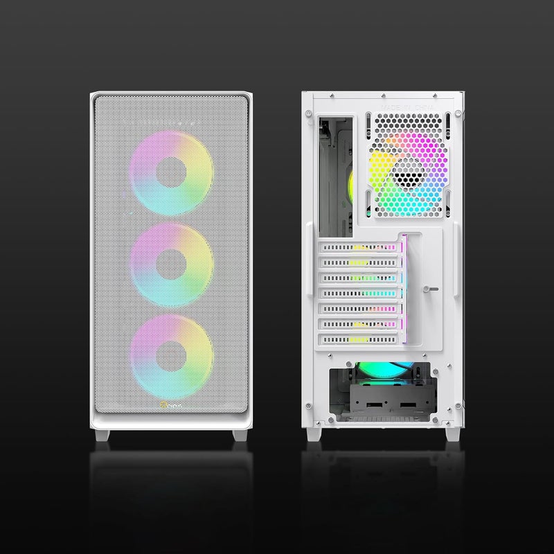 علبة كمبيوتر ألعاب من نوع البرج المتوسط ATX Gamma C60 أبيض ARGB، 4 مراوح ARGB مثبتة مسبقًا، منظر بانورامي جانبي، تدفق هواء مهوى بالكامل، مرشحات غبار مغناطيسية، تدعم حتى 360 مم AIO / 330 مم GPU، متوافقة مع ATX/MATX/ITX - Image 2