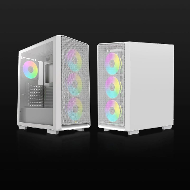 علبة كمبيوتر ألعاب من نوع البرج المتوسط ATX Gamma C60 أبيض ARGB، 4 مراوح ARGB مثبتة مسبقًا، منظر بانورامي جانبي، تدفق هواء مهوى بالكامل، مرشحات غبار مغناطيسية، تدعم حتى 360 مم AIO / 330 مم GPU، متوافقة مع ATX/MATX/ITX - Image 3