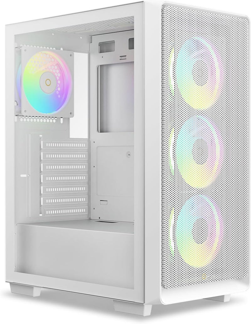 علبة كمبيوتر ألعاب من نوع البرج المتوسط ATX Gamma C60 أبيض ARGB، 4 مراوح ARGB مثبتة مسبقًا، منظر بانورامي جانبي، تدفق هواء مهوى بالكامل، مرشحات غبار مغناطيسية، تدعم حتى 360 مم AIO / 330 مم GPU، متوافقة مع ATX/MATX/ITX - Image 1