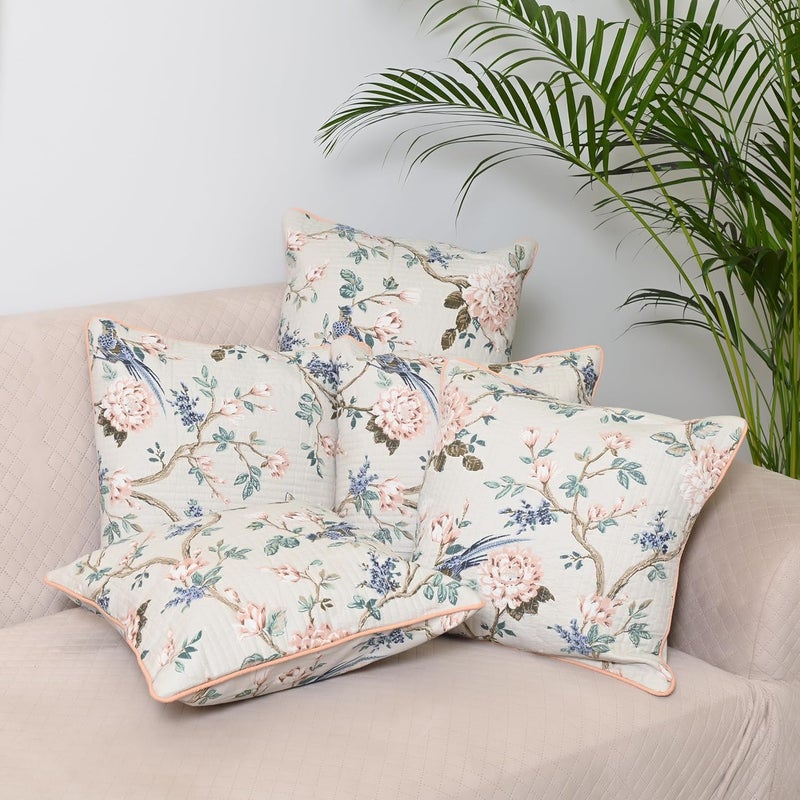 Jaipur Weaves Jaipur Weaves Cushion Cover 16 Inch X 16 Inch Set Of 2 Pure Cotton180 TC Bird Themed Decorative Soft Floral Cushions For SofaBedChair Gift For Home Decor Garden Cream 2  - Image 1
