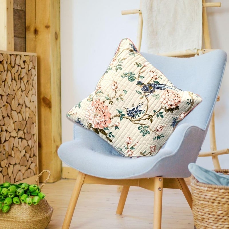 Jaipur Weaves Jaipur Weaves Cushion Cover 16 Inch X 16 Inch Set Of 2 Pure Cotton180 TC Bird Themed Decorative Soft Floral Cushions For SofaBedChair Gift For Home Decor Garden Cream 2  - Image 2