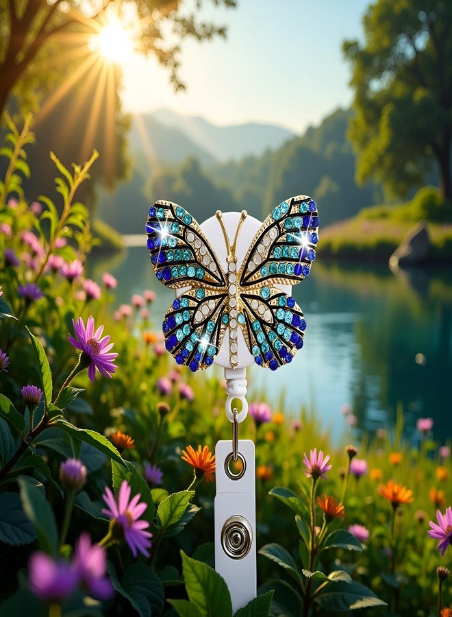 SquarezhenBo Blue Butterfly Rhinestones Retractable Badge Reel, Diamond Nurse Badge Holder Reels with Swivel Alligator Clip Badge Holders for Teachers Volunteers Employees Identification Badges and Supplies - Image 2