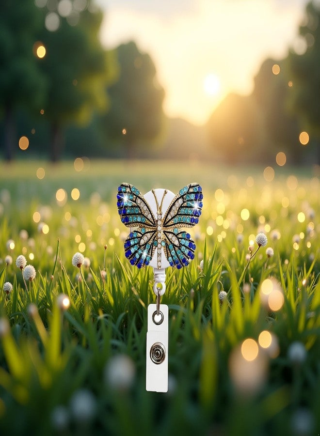SquarezhenBo Blue Butterfly Rhinestones Retractable Badge Reel, Diamond Nurse Badge Holder Reels with Swivel Alligator Clip Badge Holders for Teachers Volunteers Employees Identification Badges and Supplies - Image 3
