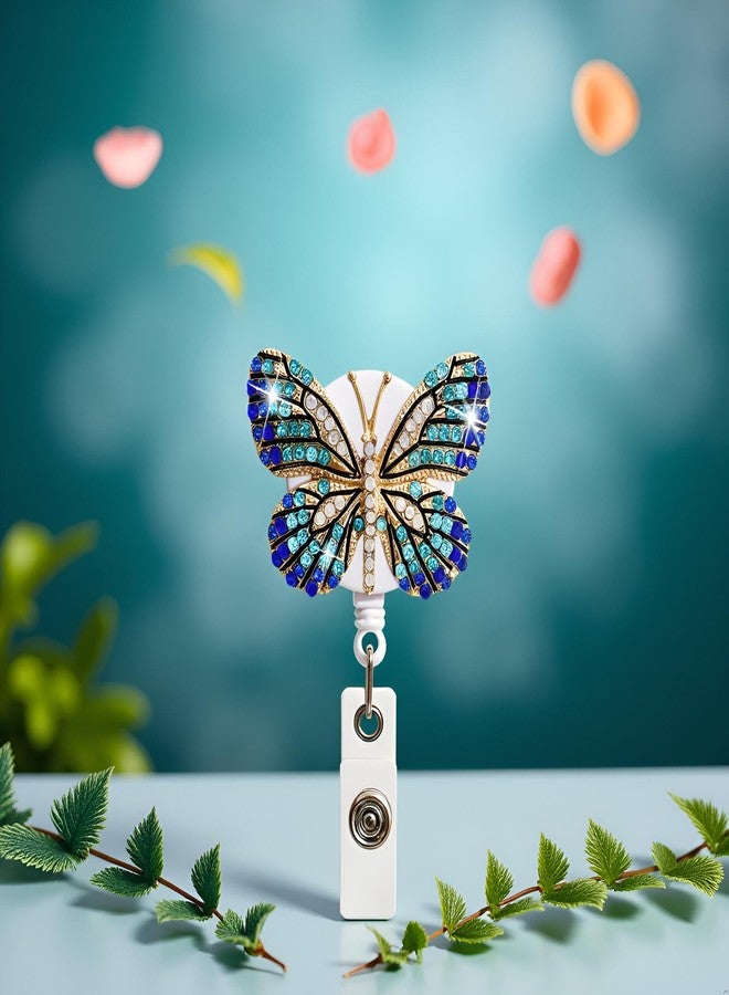 SquarezhenBo Blue Butterfly Rhinestones Retractable Badge Reel, Diamond Nurse Badge Holder Reels with Swivel Alligator Clip Badge Holders for Teachers Volunteers Employees Identification Badges and Supplies - Image 4
