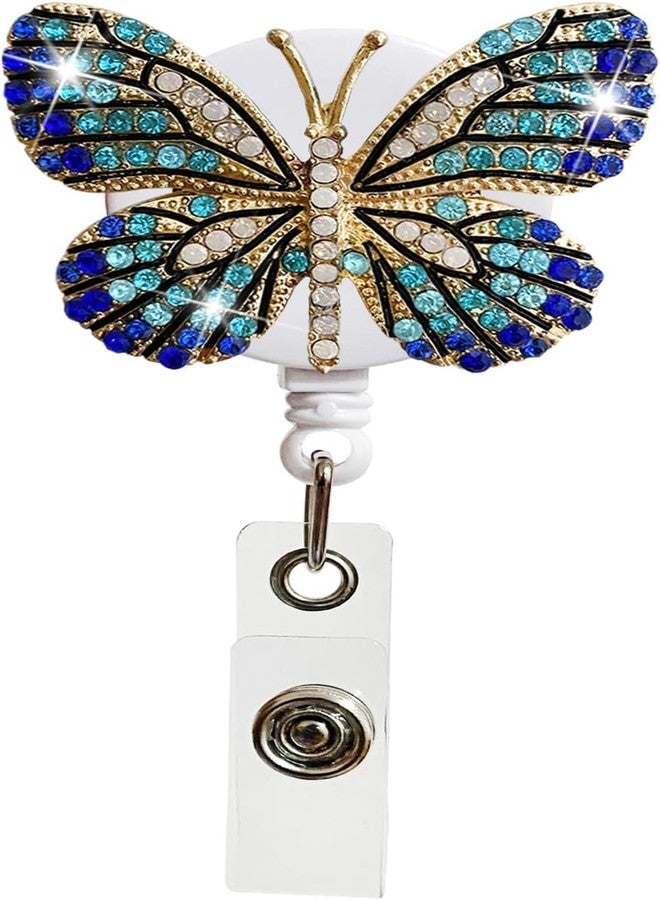 SquarezhenBo Blue Butterfly Rhinestones Retractable Badge Reel, Diamond Nurse Badge Holder Reels with Swivel Alligator Clip Badge Holders for Teachers Volunteers Employees Identification Badges and Supplies - Image 1
