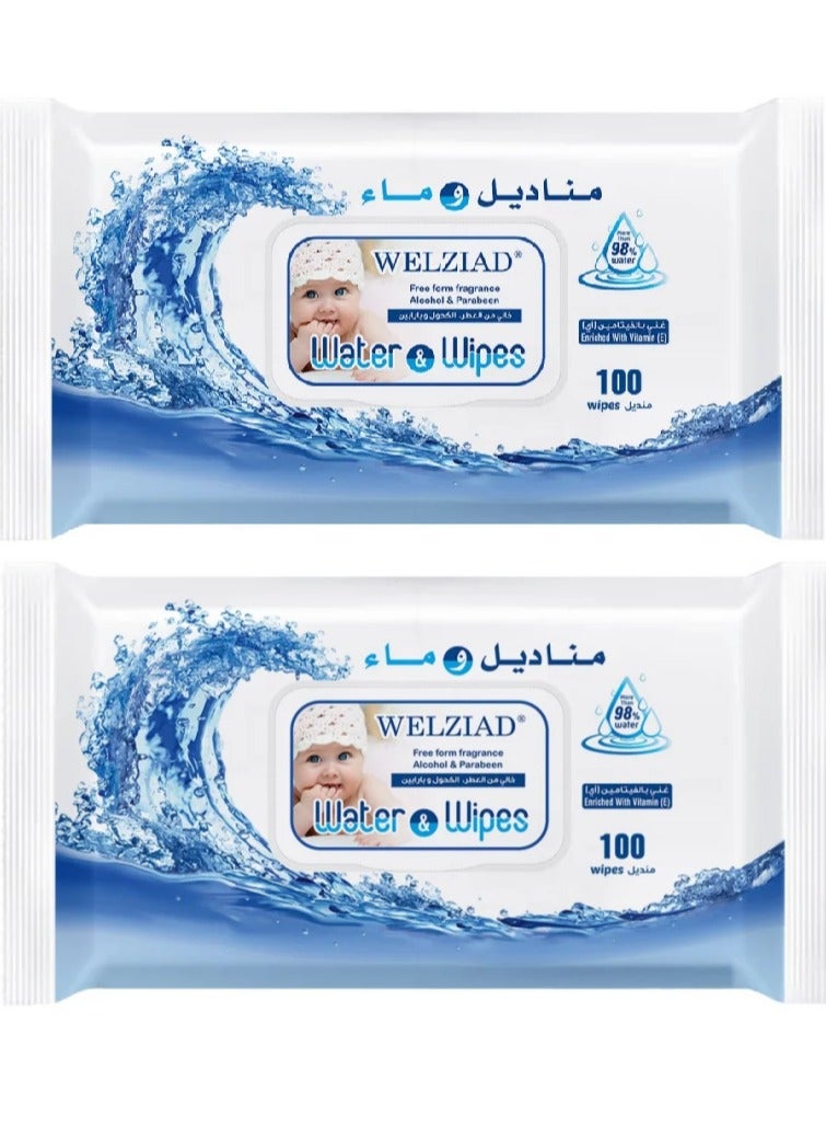 WELZIAD Pack Of 2 Baby Water Wipes 2x100 Wipes 