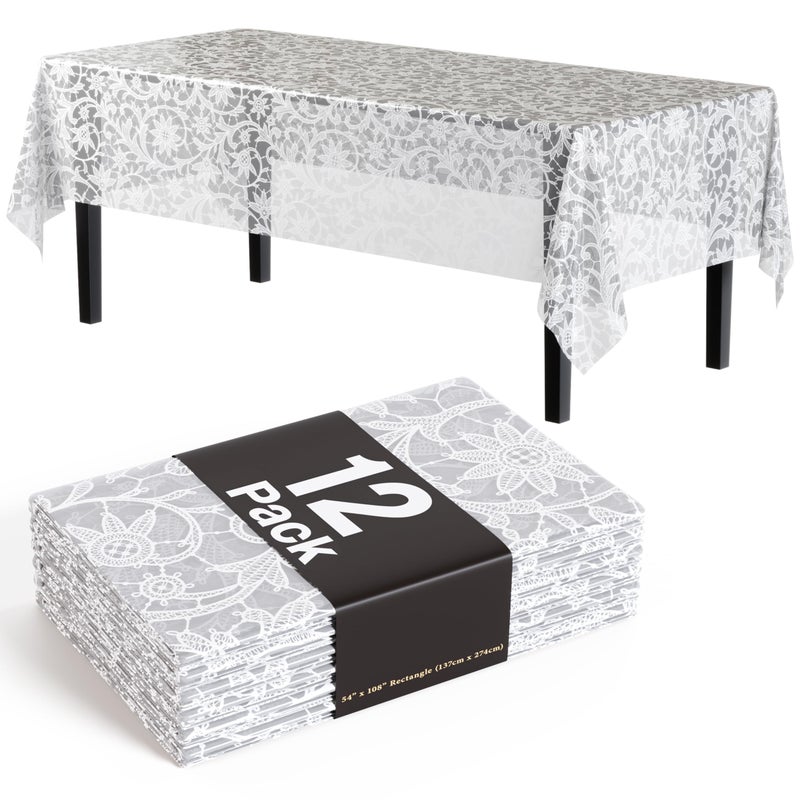 Exquisite Lace Table Cloth Rectangle Table Plastic 12Pack Lace Tablecloth Rectangular 54 X 108 White Floral Tablecloth Disposable Wild Flower Party Decorations Party Supplies