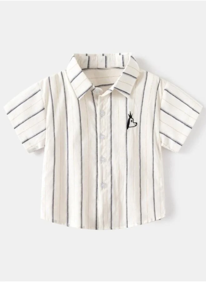 يونيكي Off White Collared Short Sleeve Striped Shirt