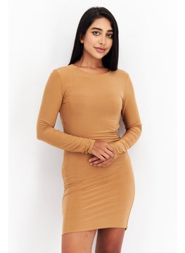 Women Plain Mini Dress, Tan