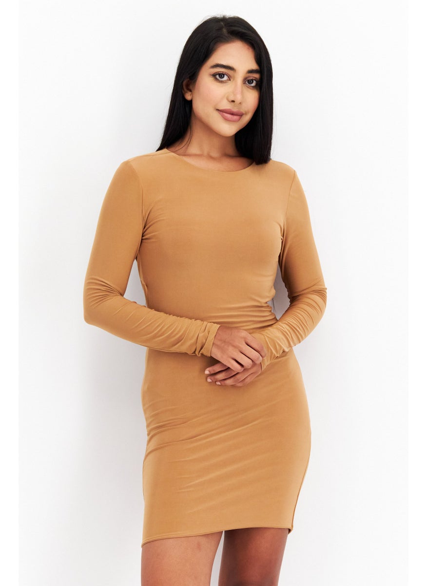 I SAW IT FIRST - Women Plain Mini Dress, Tan - Image 1