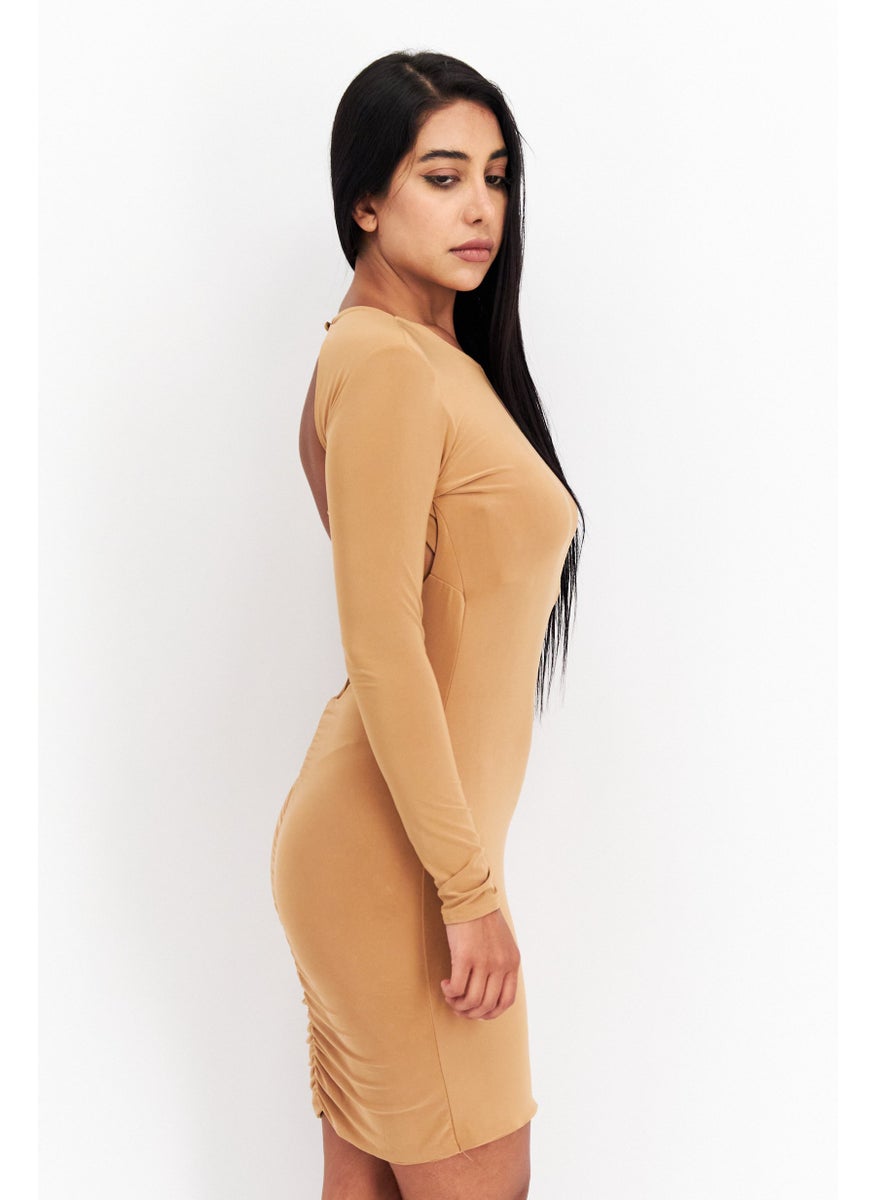 I SAW IT FIRST - Women Plain Mini Dress, Tan - Image 1