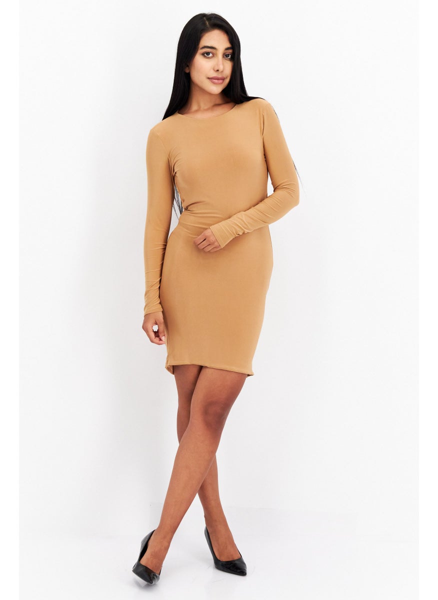 I SAW IT FIRST - Women Plain Mini Dress, Tan - Image 1