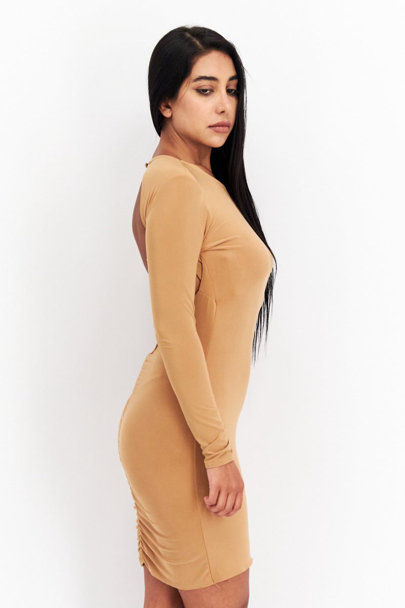 I SAW IT FIRST Women Plain Mini Dress, Tan - Image 4