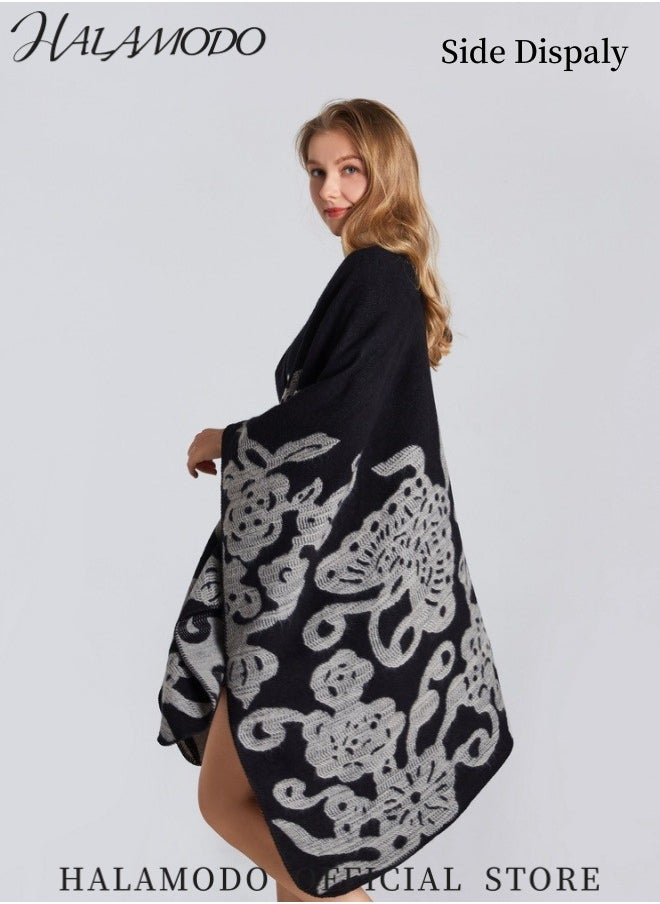 HALAMODO - Women's Printed Tassel Open Front Poncho Cape Cardigan Wrap Shawl Warm Long Scarf  Casual Streetwear Elegant Ladies Shawl for Home Office Travel Party - Image 1