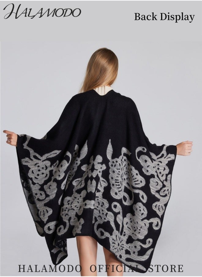 HALAMODO - Women's Printed Tassel Open Front Poncho Cape Cardigan Wrap Shawl Warm Long Scarf  Casual Streetwear Elegant Ladies Shawl for Home Office Travel Party - Image 1