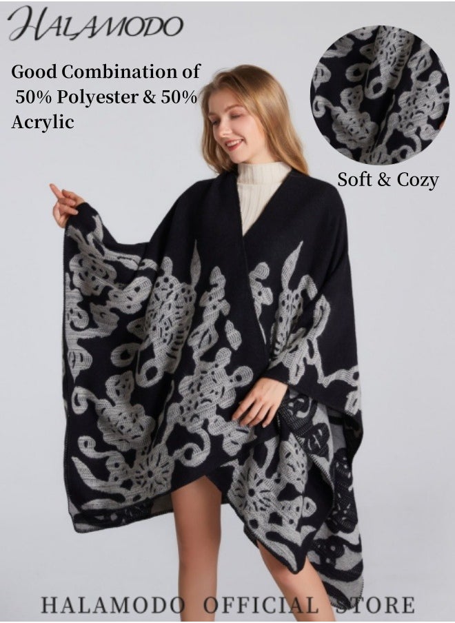 HALAMODO - Women's Printed Tassel Open Front Poncho Cape Cardigan Wrap Shawl Warm Long Scarf  Casual Streetwear Elegant Ladies Shawl for Home Office Travel Party - Image 1