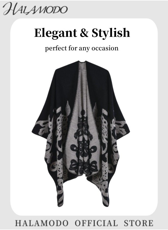 HALAMODO - Women's Printed Tassel Open Front Poncho Cape Cardigan Wrap Shawl Warm Long Scarf  Casual Streetwear Elegant Ladies Shawl for Home Office Travel Party - Image 1