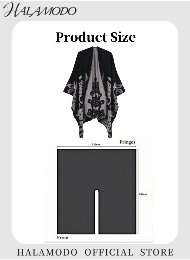 HALAMODO - Women's Printed Tassel Open Front Poncho Cape Cardigan Wrap Shawl Warm Long Scarf  Casual Streetwear Elegant Ladies Shawl for Home Office Travel Party - Image 1