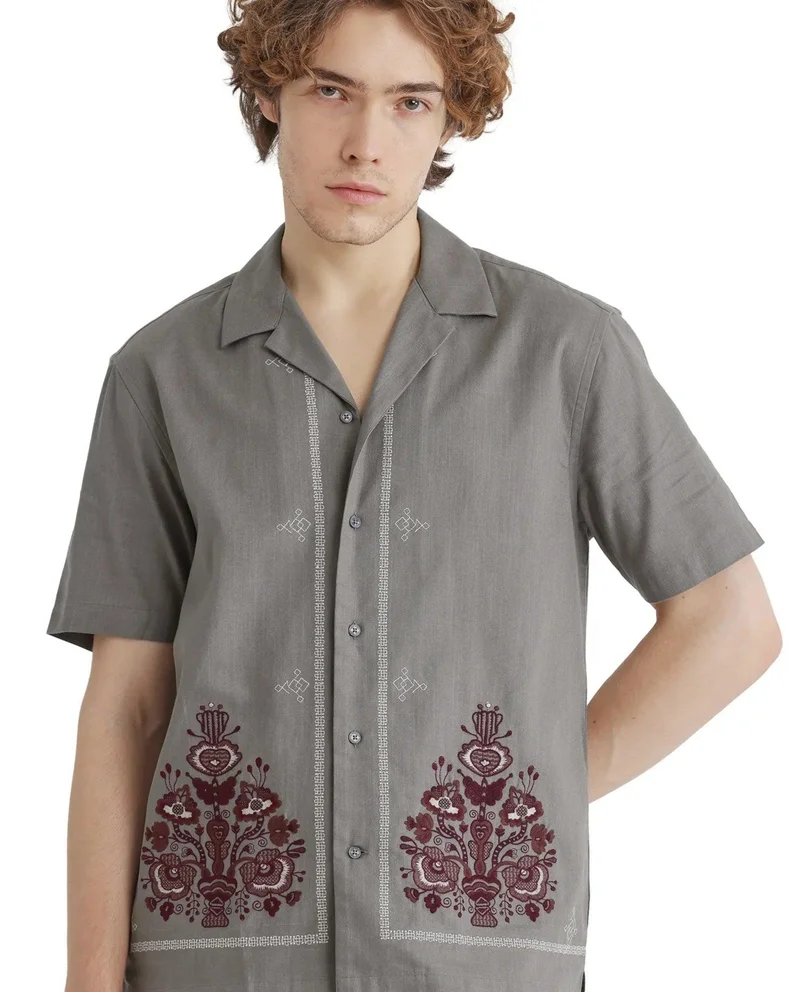 Rare Rabbit Men's Embroidered Cuban Collar Shirt