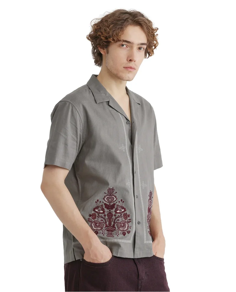 Rare Rabbit Men's Embroidered Cuban Collar Shirt