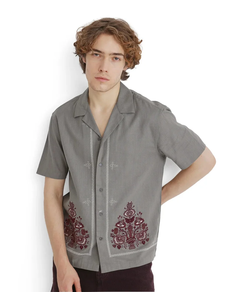 Rare Rabbit Men's Embroidered Cuban Collar Shirt