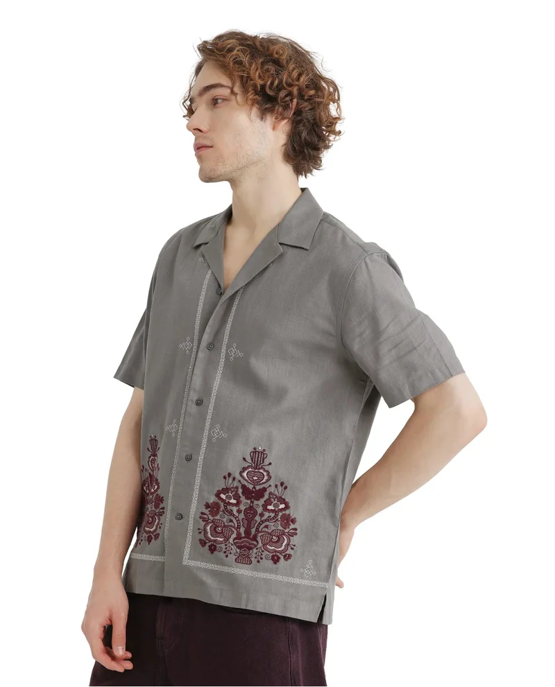 Rare Rabbit Men's Embroidered Cuban Collar Shirt
