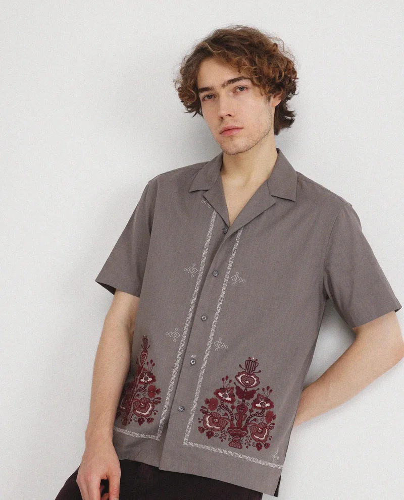 Rare Rabbit Men's Embroidered Cuban Collar Shirt