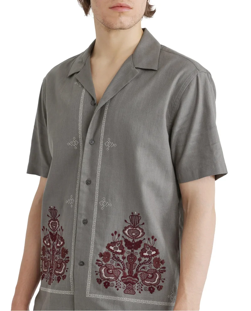 Rare Rabbit Men's Embroidered Cuban Collar Shirt